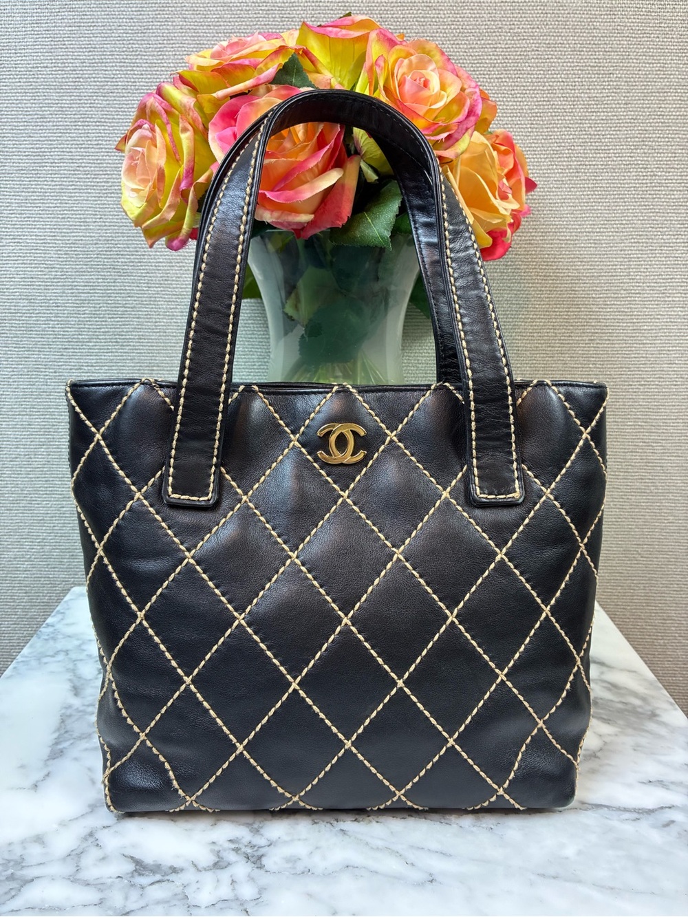 Chanel Small Black Whipstitch Tote Bag w/ Beige Stitching - Great Used Condition